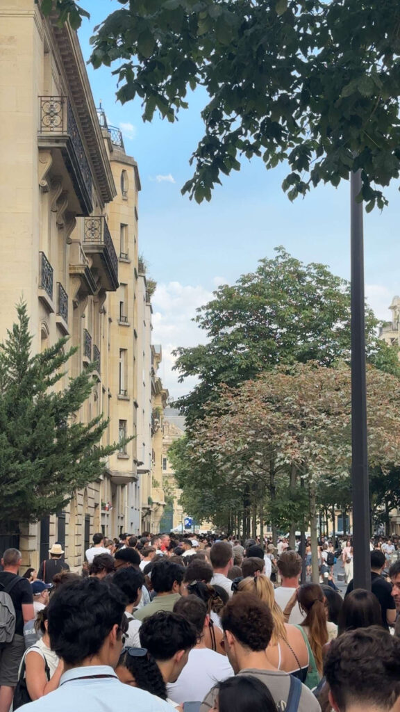 Une foule dense de personnes marchant dans une avenue parisienne bordée d'immeubles haussmanniens et d'arbres, par temps ensoleillé