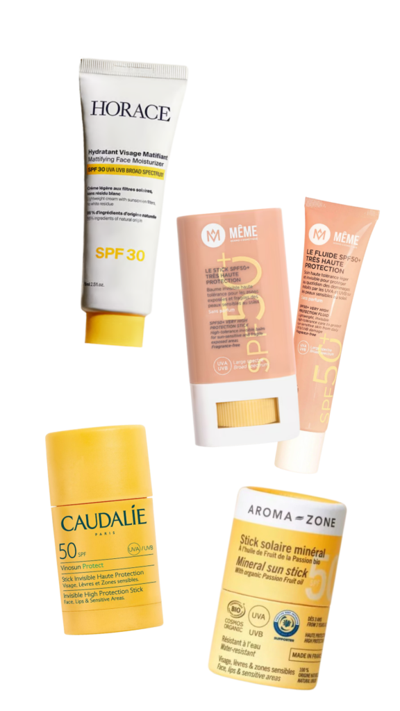 Sélection de crèmes solaires visage : Horace SPF 30, Même stick et fluide SPF 50+, Caudalie Vinosun SPF 50 et Aroma Zone stick minéral SPF 50