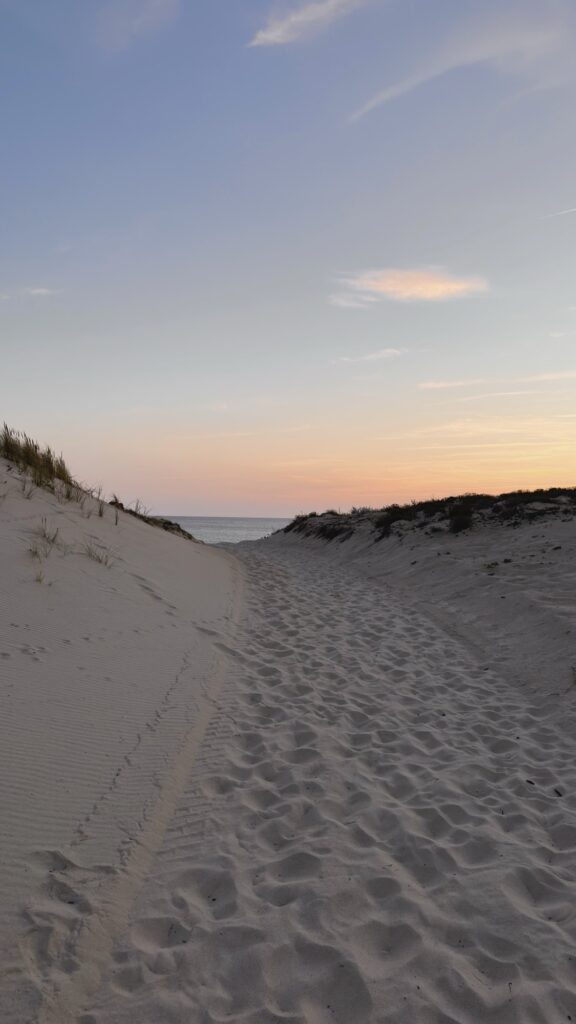 Sentier de sable entre des dunes menant à la mer, ciel de crépuscule aux teintes roses et orangées