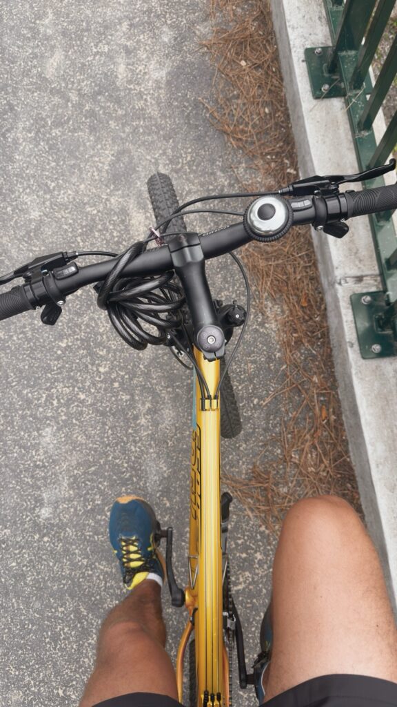 Vue du dessus d'un vélo jaune Trek avec guidon et antivol enroulé, sur une piste cyclable dans les Landes