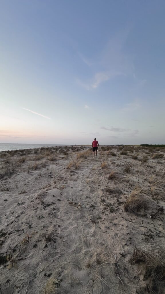 Homme marchant seul sur des dunes de sable herbeuses au bord de la mer, au crépuscule
