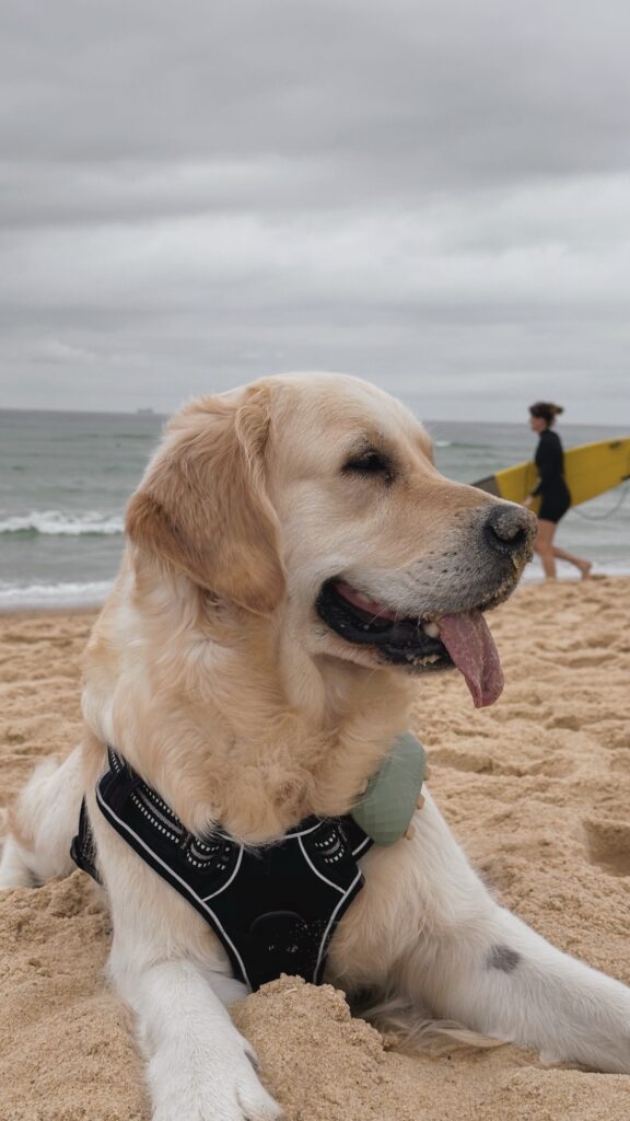 Golden retriever avec harnais noir allongé sur la plage, une surfeuse passant avec sa planche jaune en arrière-plan